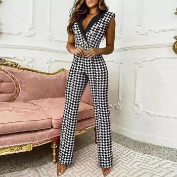 Chic European and American Spring/Summer Sleeveless Jumpsuits: Elevate Your Business Attire with Pure Color Twisted Buckle V-Neck Designs